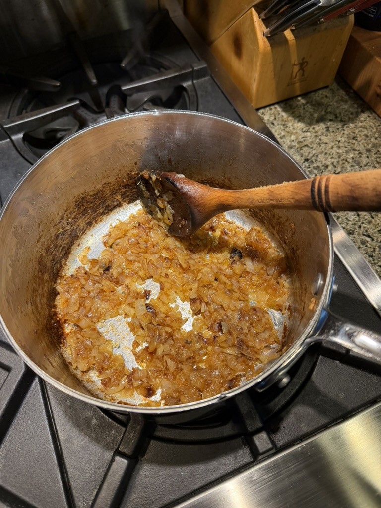 Deeply caramelized onions, golden brown and reduced