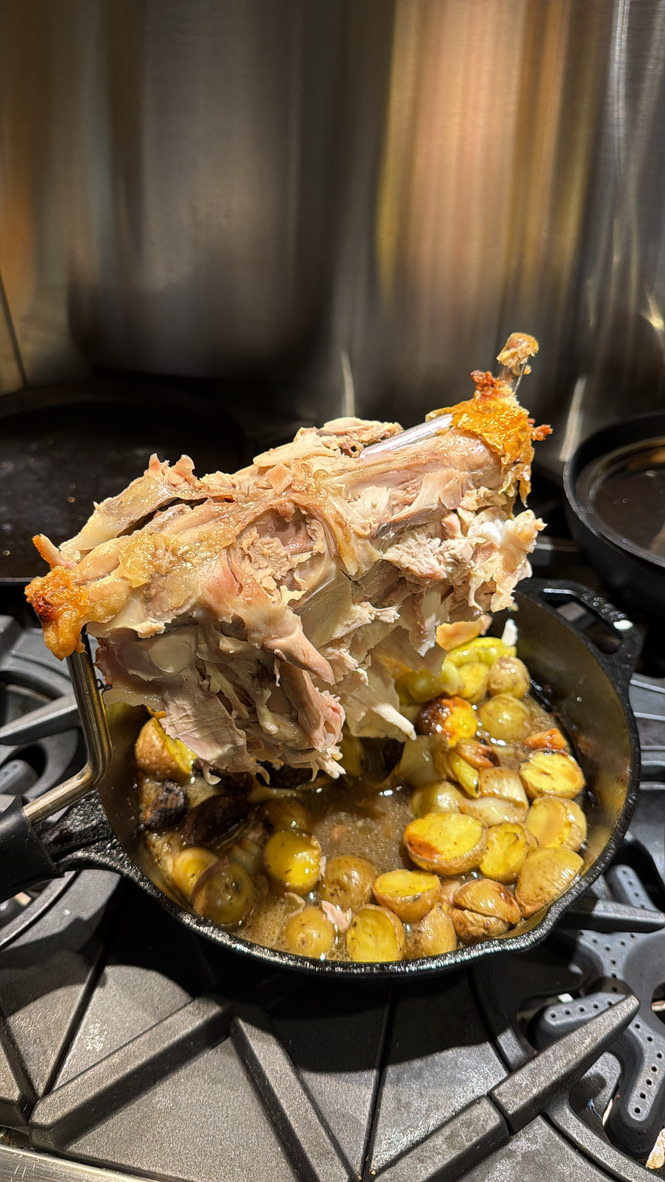 The carcass after attacking the back meat and oysters, potatoes swimming in drippings