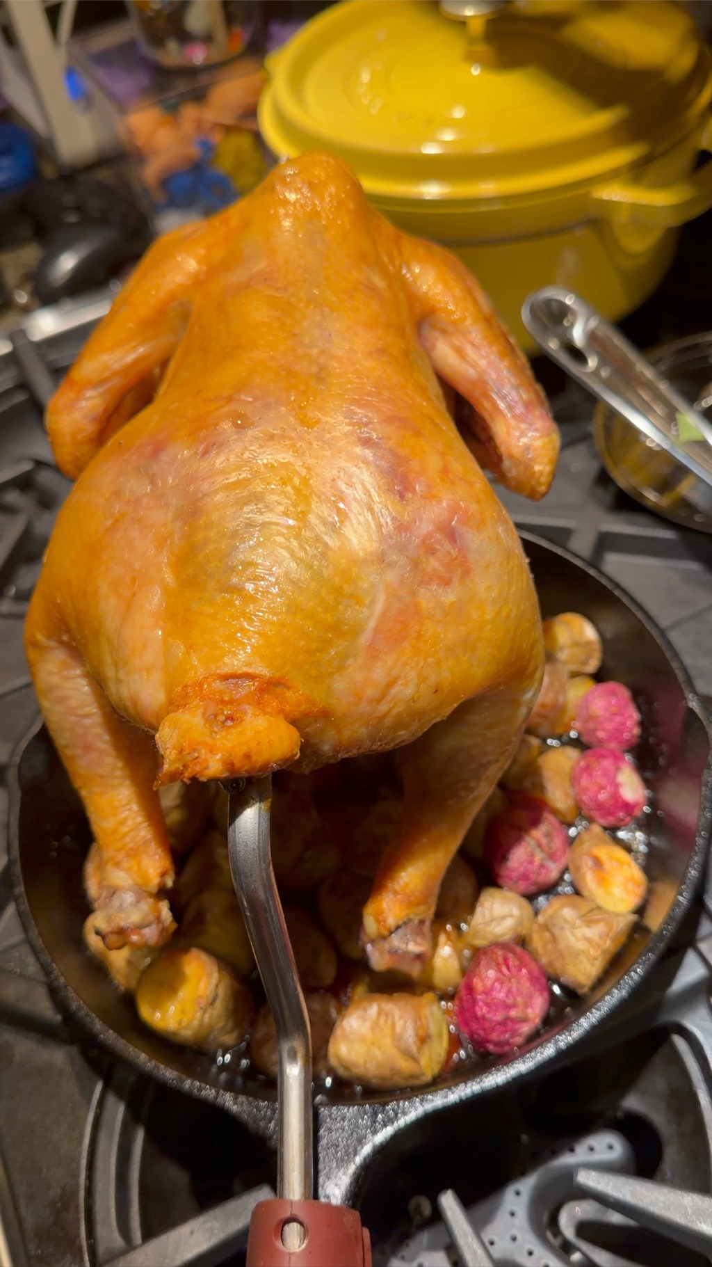 Crispy whole chicken on the PoulTree rod over a cast iron skillet of roasted potatoes and radishes
